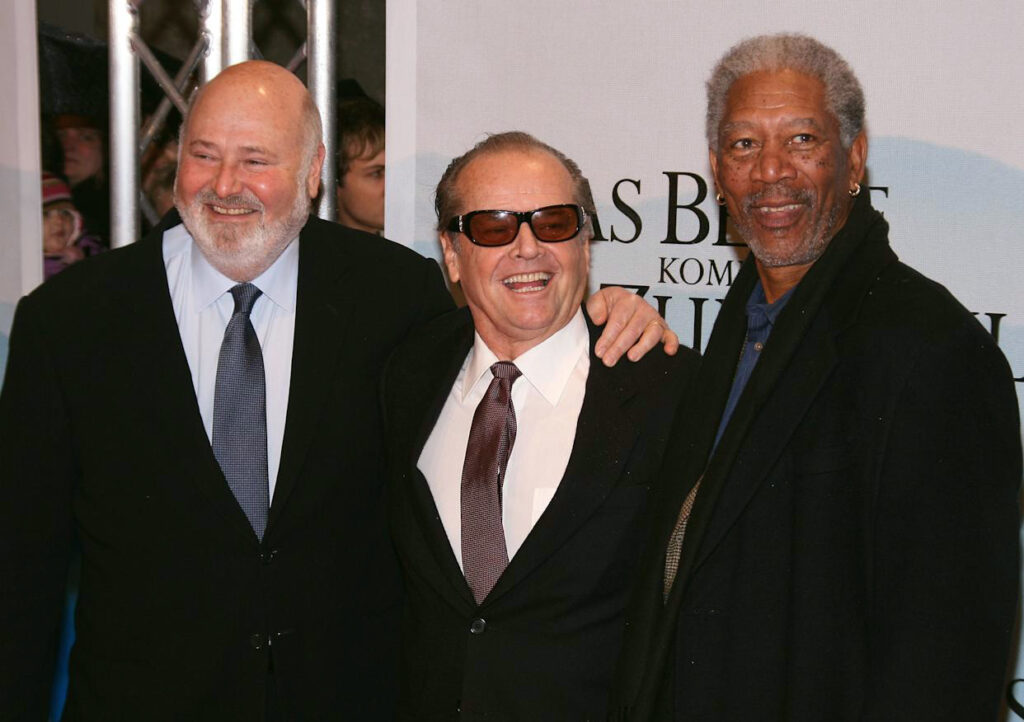Reiner, Nicholson e Morgan Freeman na estreia alemã de The Bucket List em 2007.