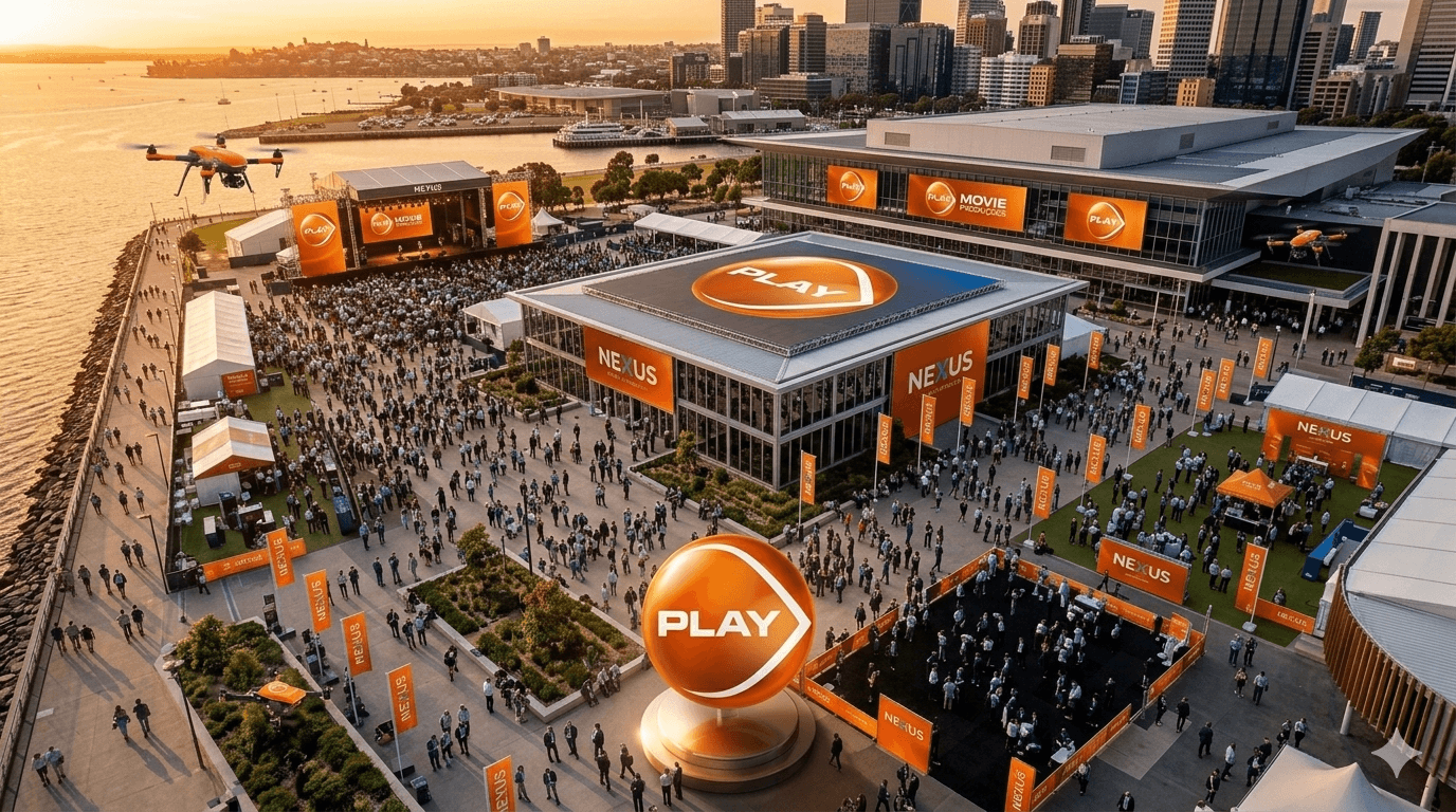 alt="Fotografia aérea em ângulo aberto de um evento institucional próximo à água. No centro da imagem, destaca-se um grande totem esférico com o logotipo da Play Movie, cercado por bandeiras laranjas e um drone sobrevoando a estrutura."