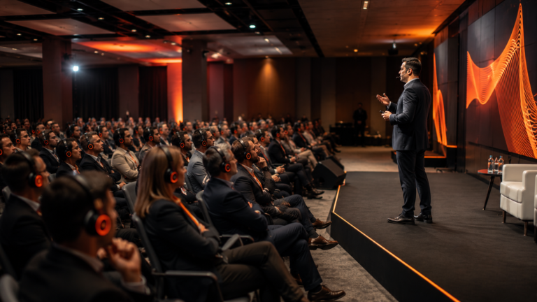 Participantes utilizando fones sem fio durante evento corporativo com tecnologia de palestra silenciosa.